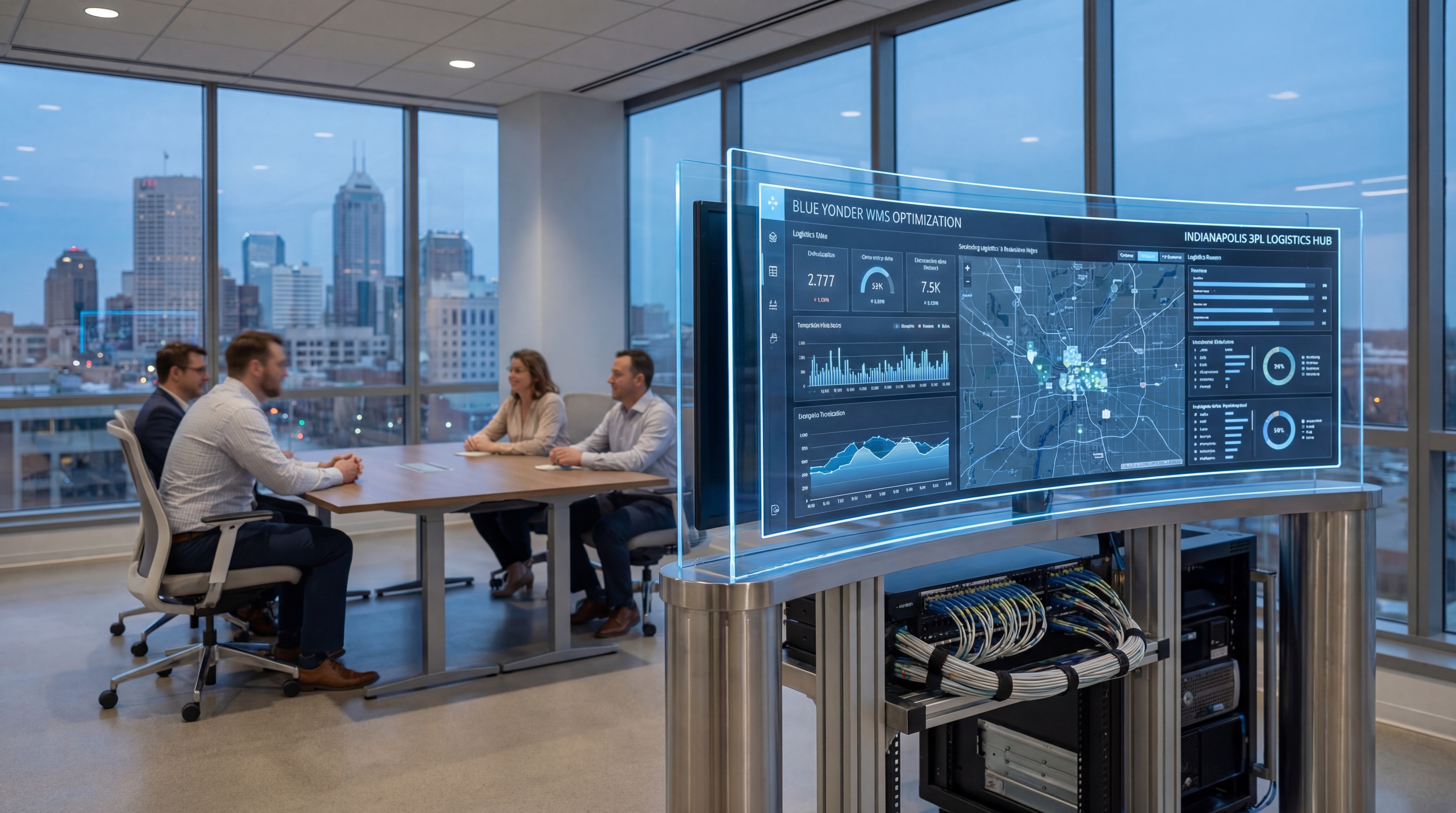 3PL operations team reviewing Blue Yonder (RedPrairie) WMS dashboards in Indianapolis