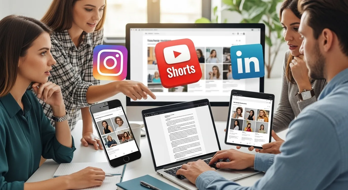 Marketing team adapting one evergreen article into posts across phone, tablet, and desktop screens