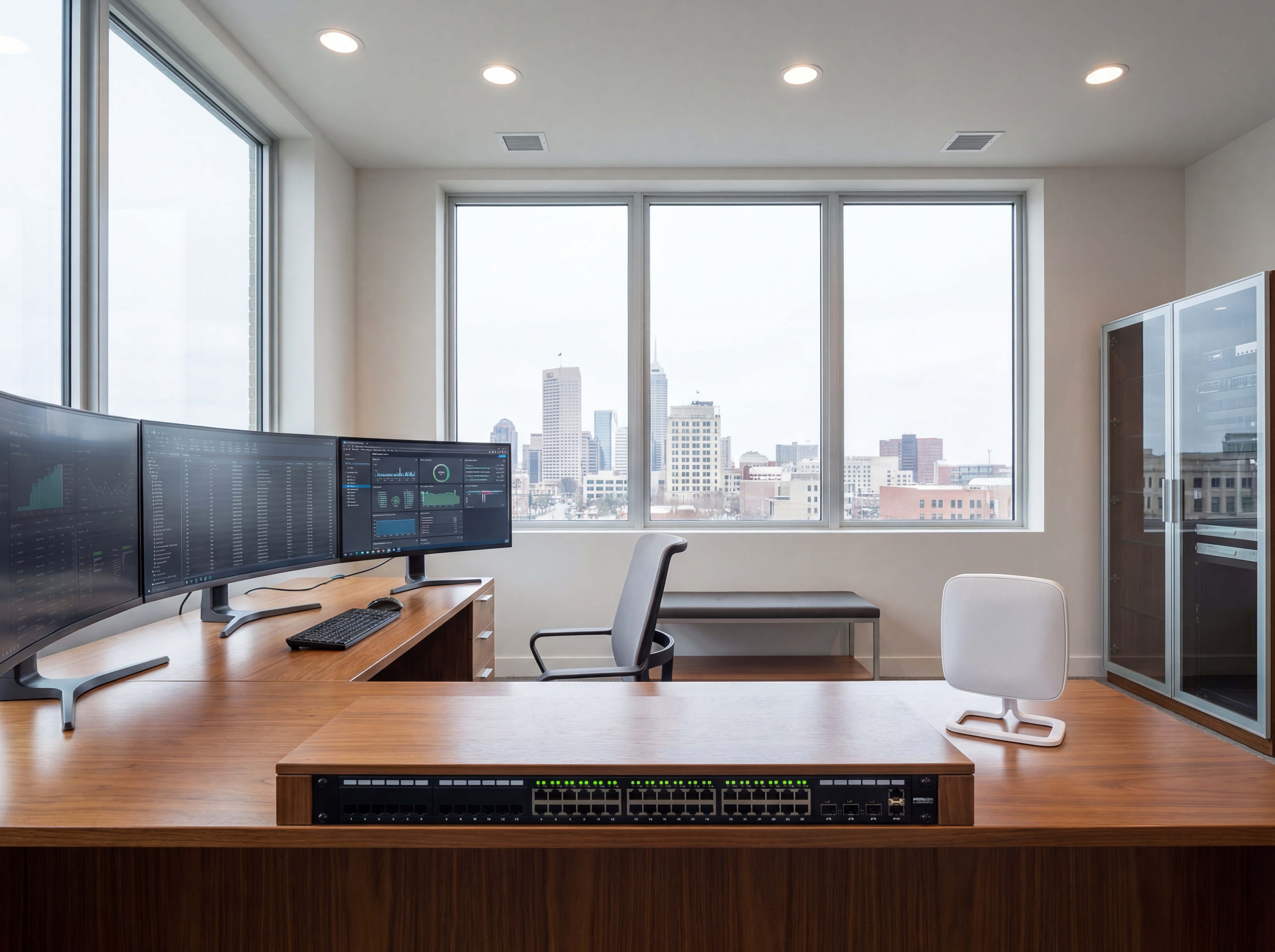 Modern Indiana home office with multiple screens and sleek Wi-Fi hardware