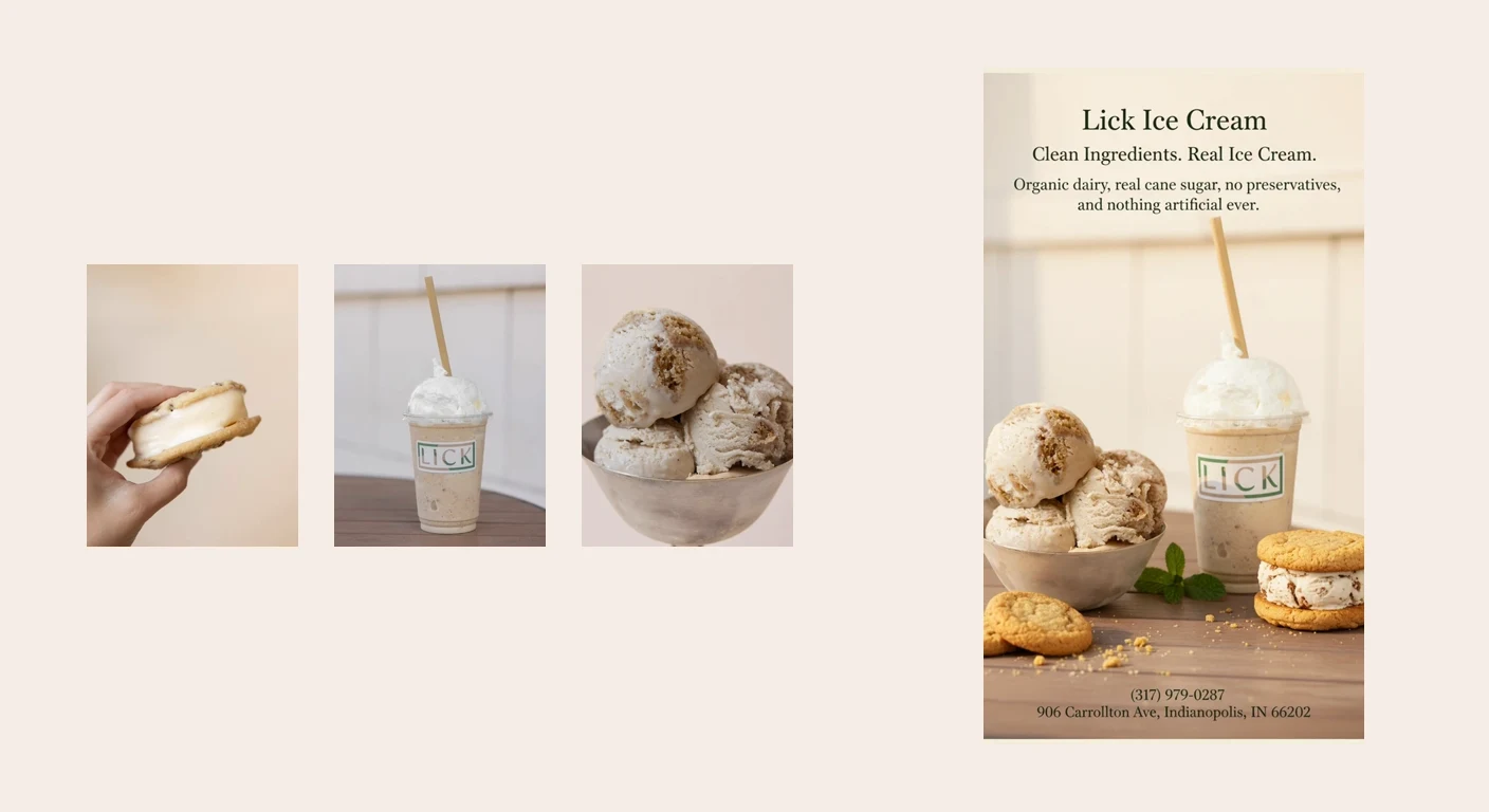 Three original Lick Ice Cream product photos shown beside one finished clean ingredients vertical social media post created from those images