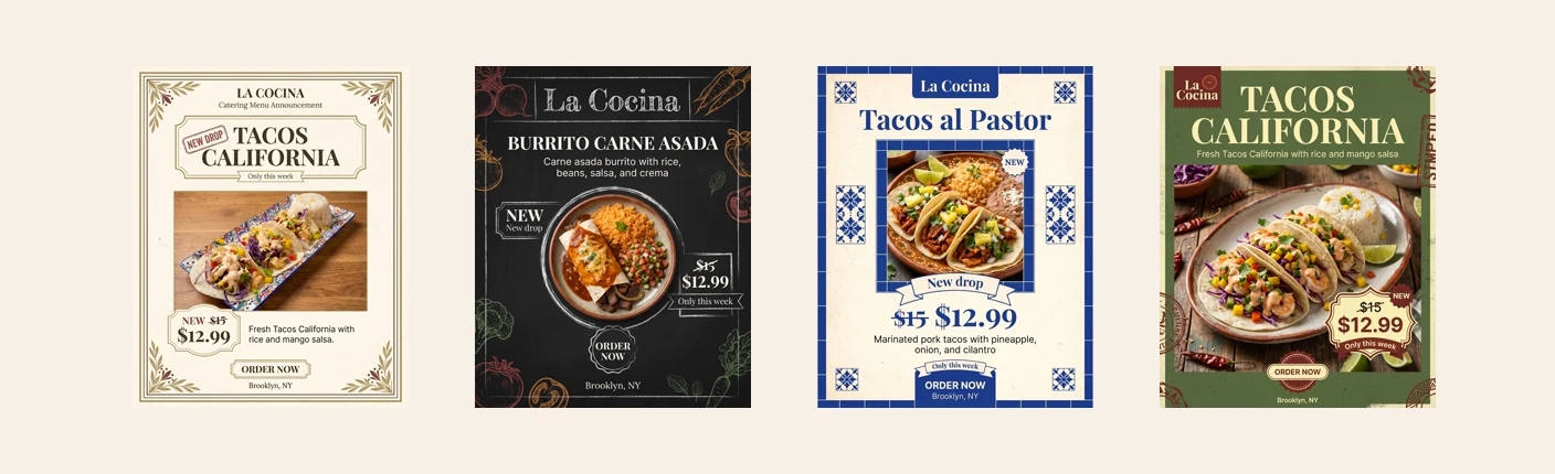 Four catering and menu restaurant post examples with menu cards, chalkboard styling, tile borders, and market layouts