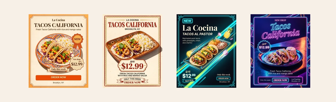 Four direct offer restaurant post examples with price callouts, order buttons, and promotional layouts