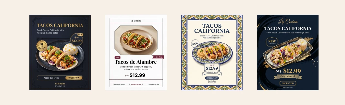 Four premium restaurant post examples using dark, minimal, heritage tile, and luxury editorial styles