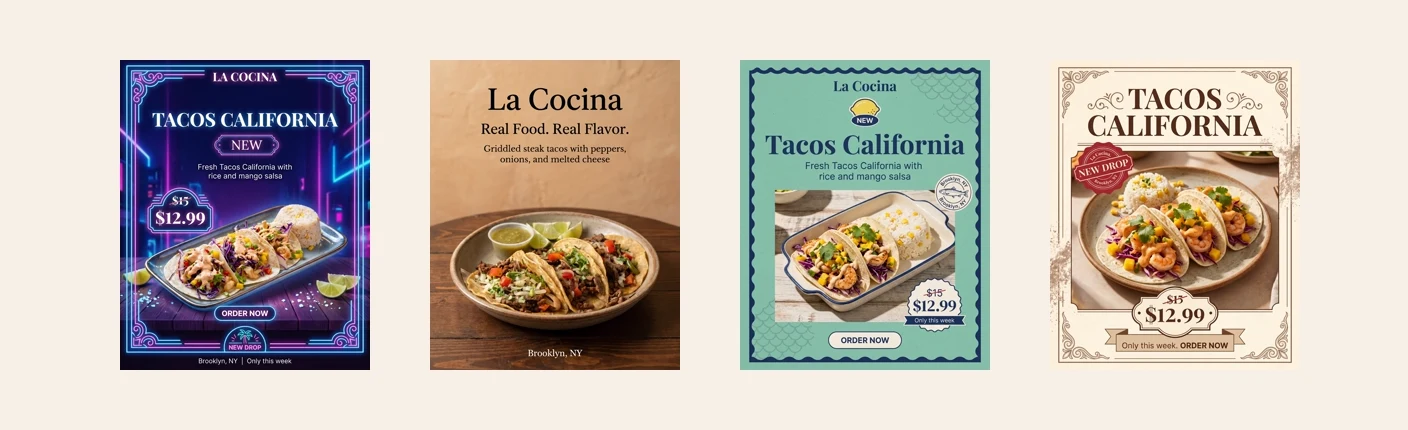 Four restaurant story and event post examples with neon, full-bleed photo, market, and editorial promotional styles