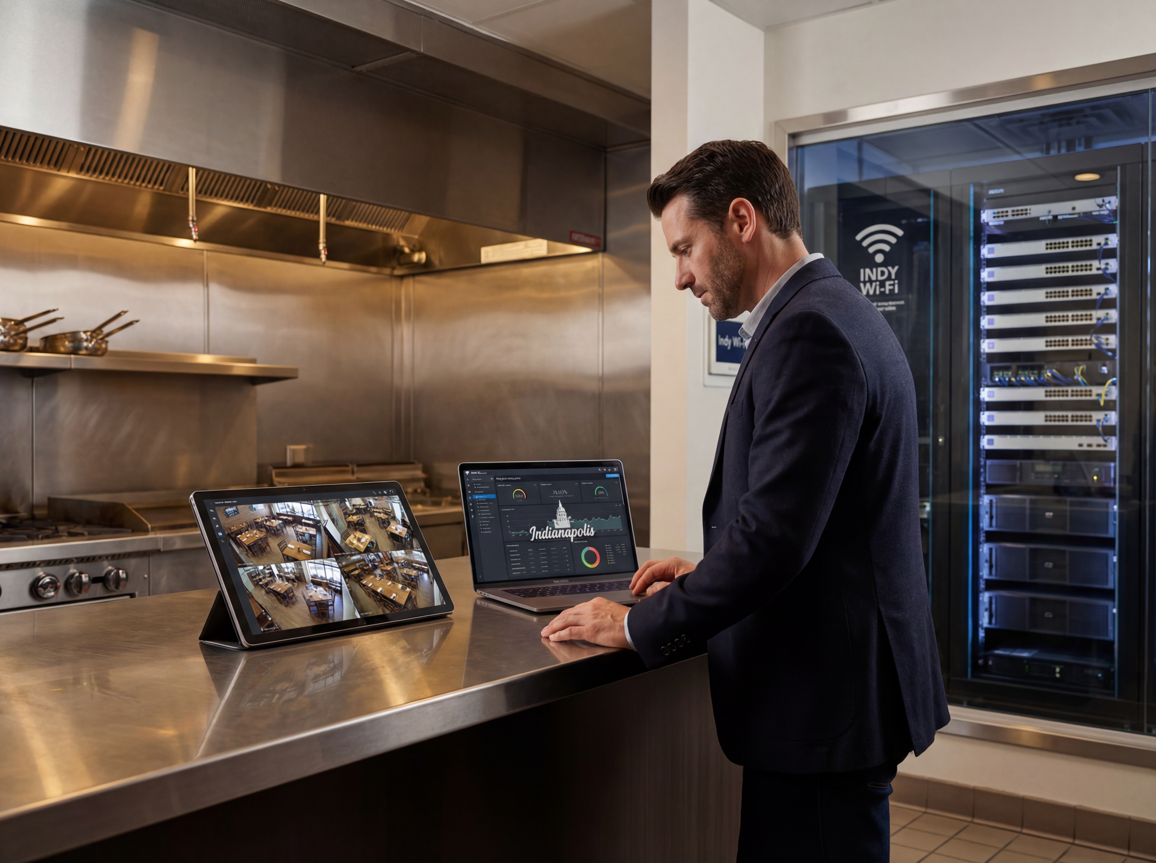 Restaurant manager reviewing camera feeds and Wi‑Fi dashboard