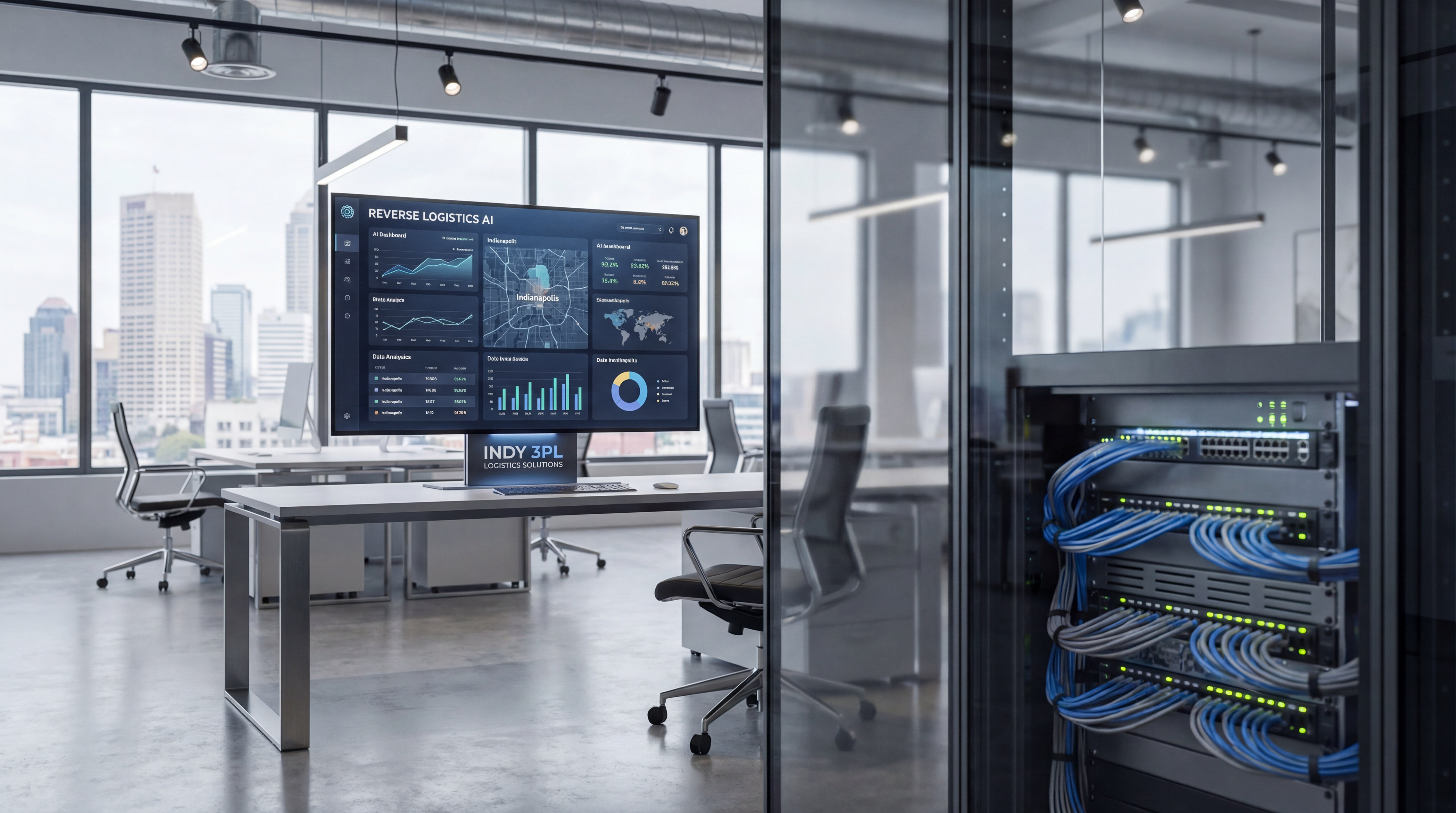 3PL operations team reviewing reverse logistics AI dashboards in Indianapolis