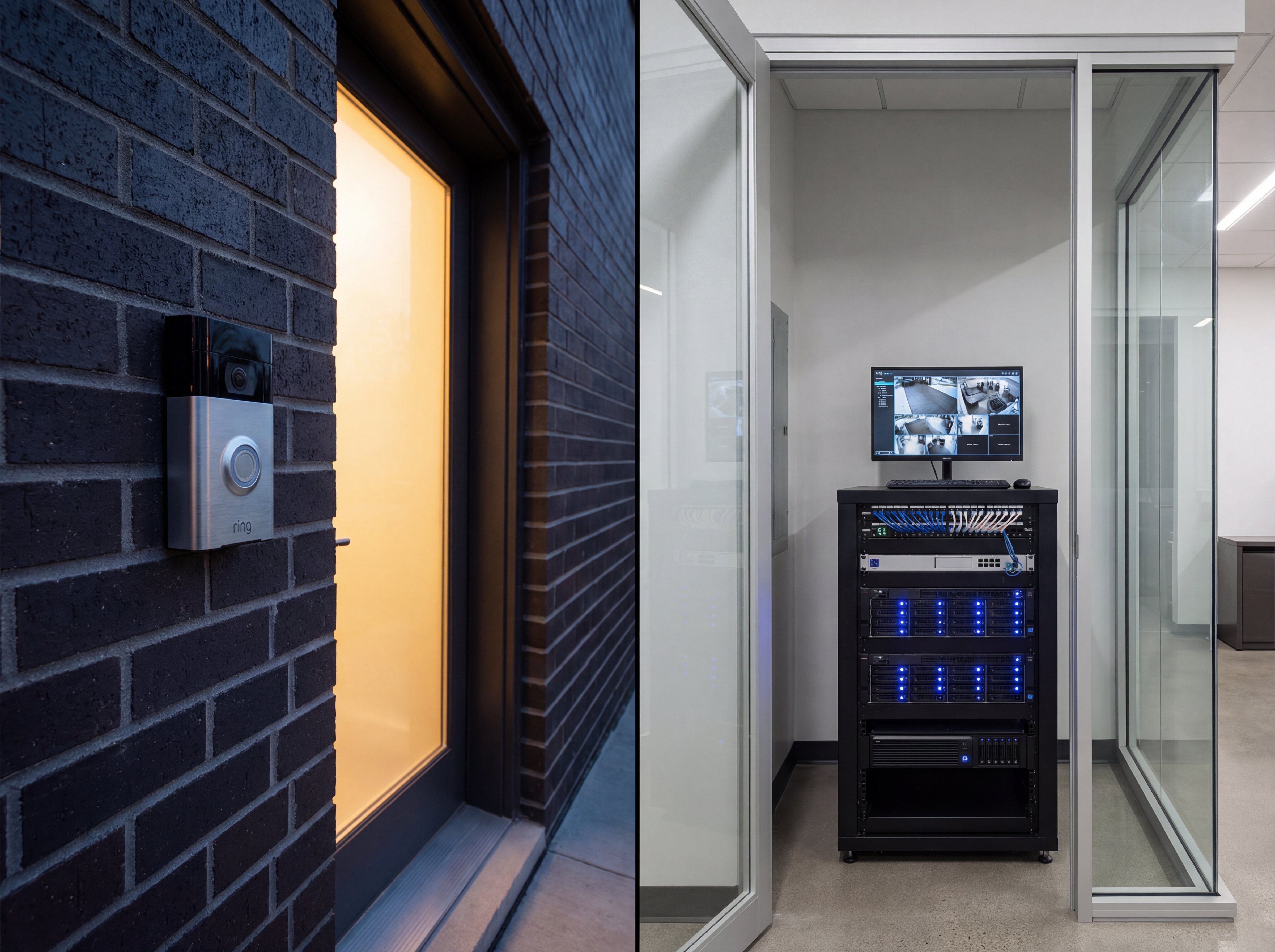 Split view of a Ring doorbell and a wired NVR setup in Indianapolis