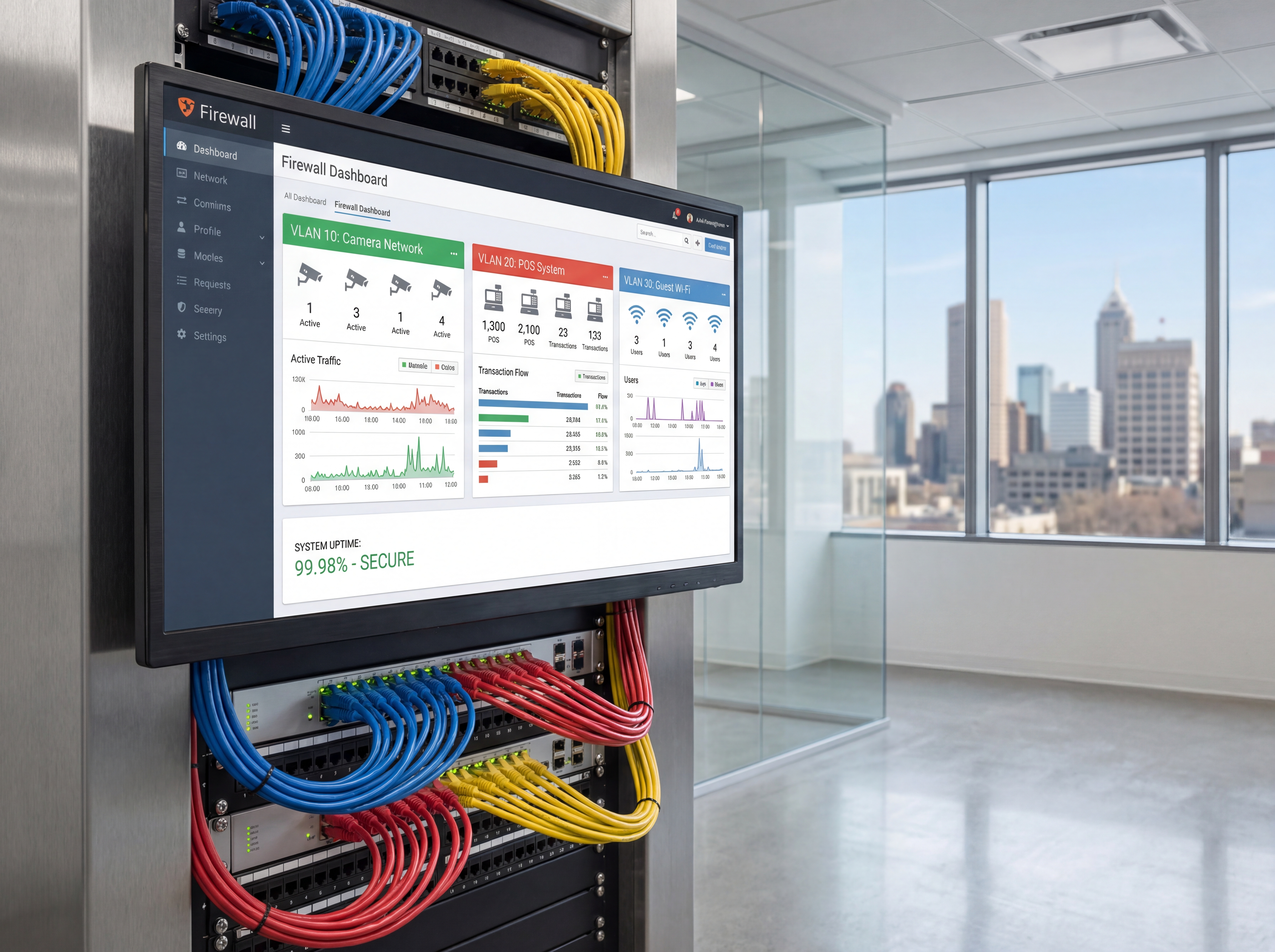 Firewall dashboard showing VLAN segmentation for cameras