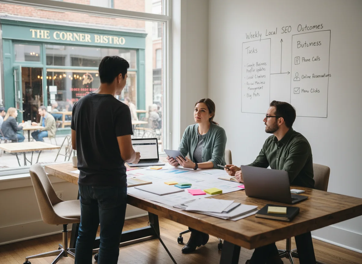Restaurant manager and marketer mapping weekly SEO tasks to real business goals