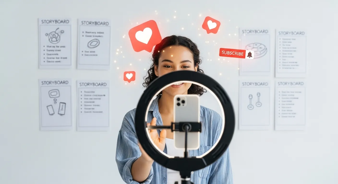 Creator filming short-form video on a smartphone with a ring light and floating engagement icons