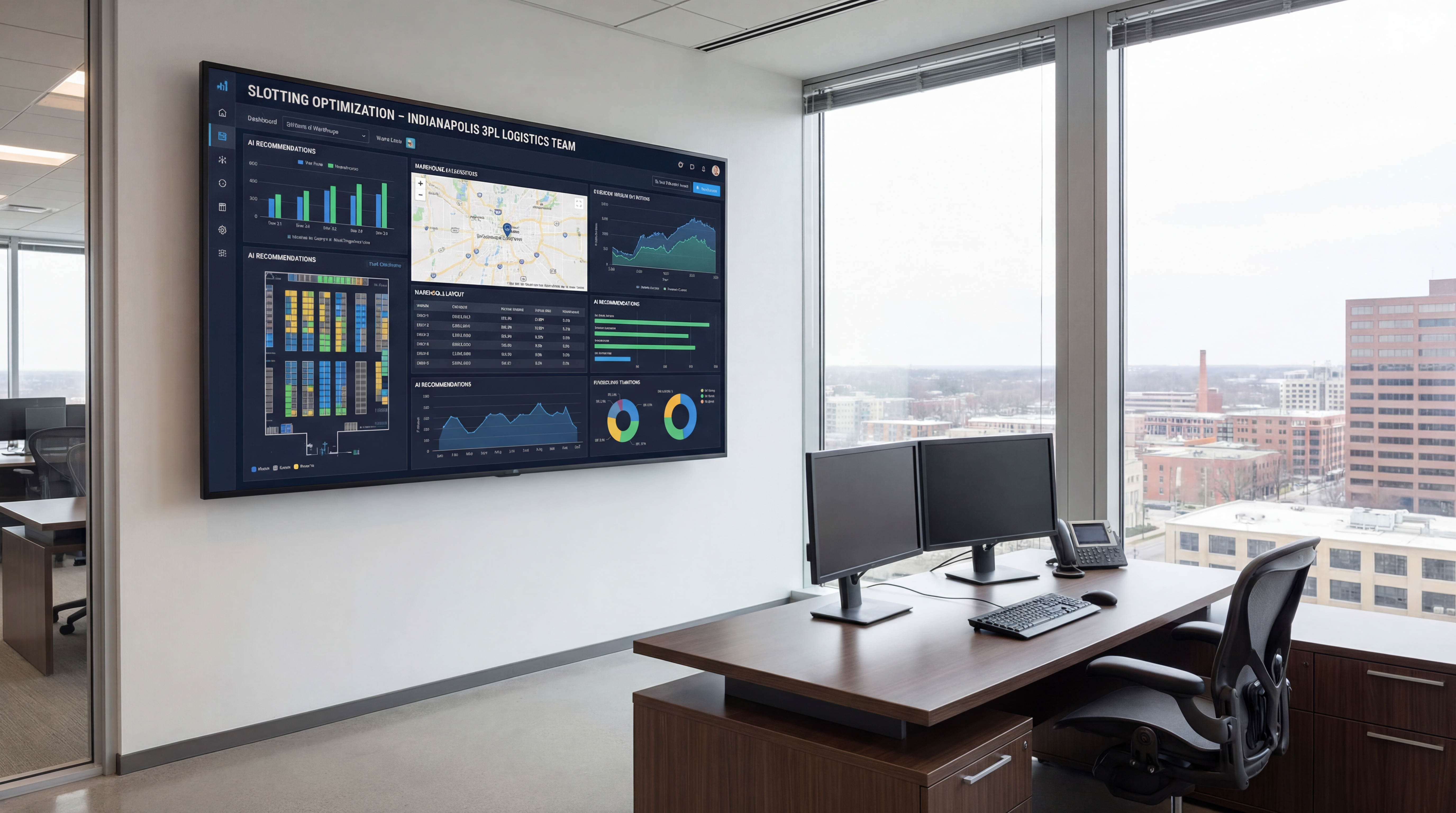 3PL operations team reviewing slotting optimization dashboards in Indianapolis