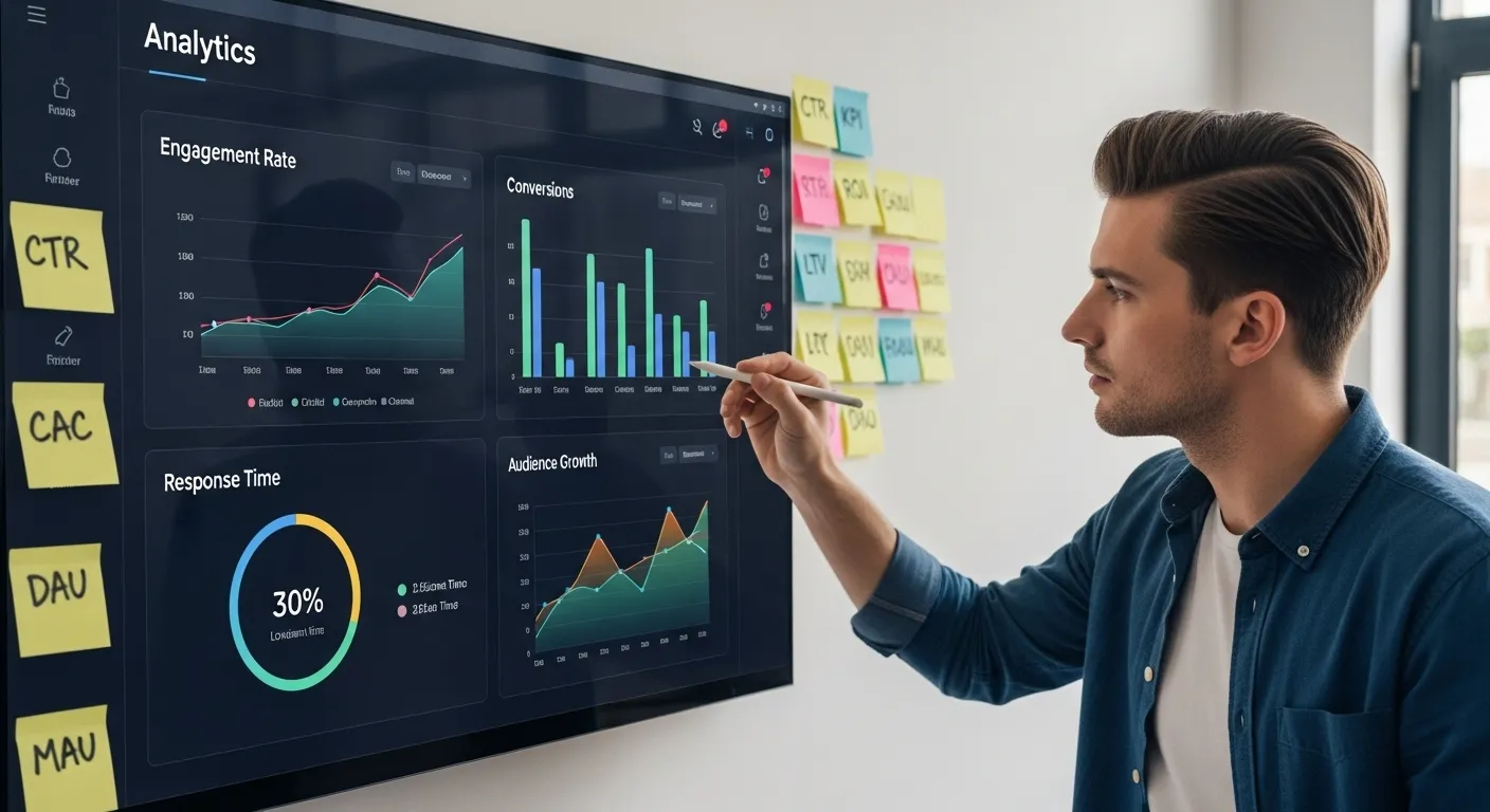 Analyst reviewing social media KPI charts surrounded by sticky note reminders