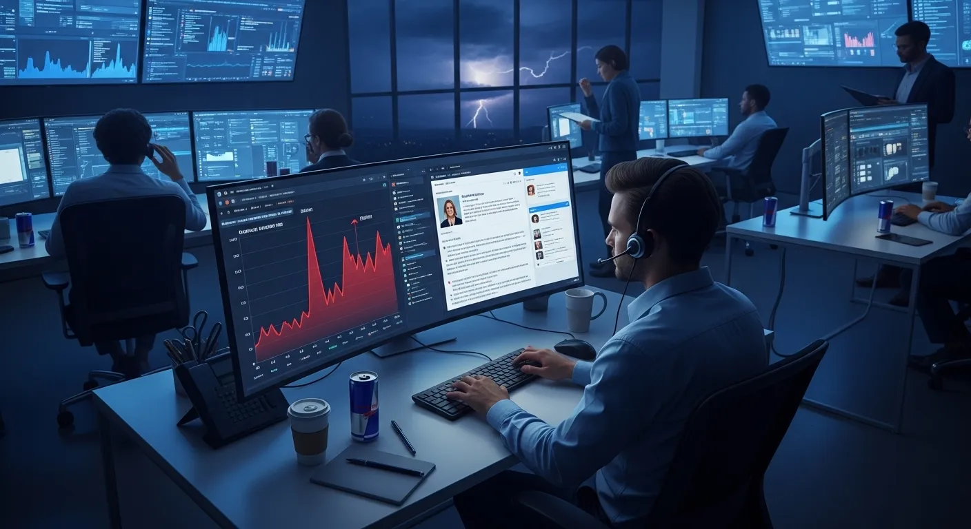 Social media command center with alert dashboards and a strategist wearing a headset at night