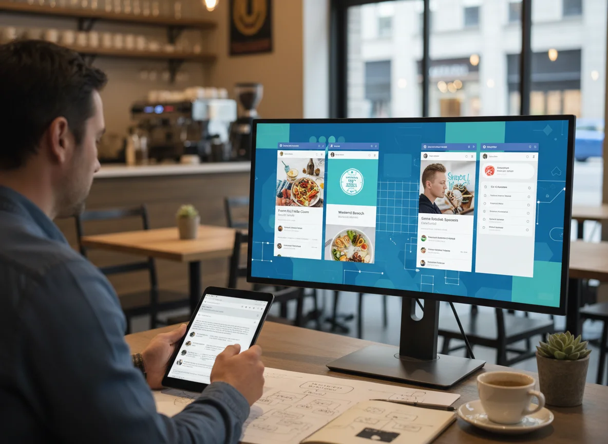 Restaurant manager reviewing social bio, current promotions, and Google profile links