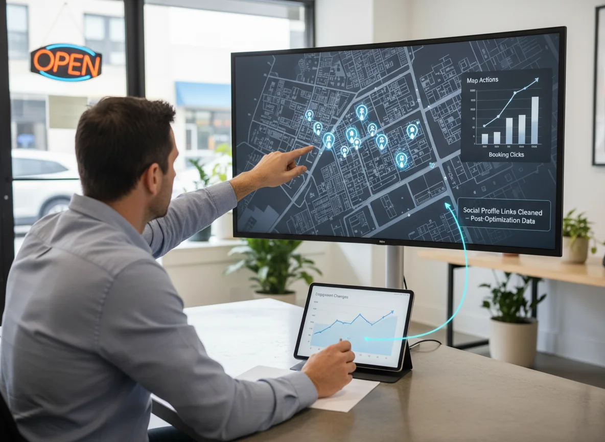 Restaurant owner reviewing local SEO dashboard after adding social profile links