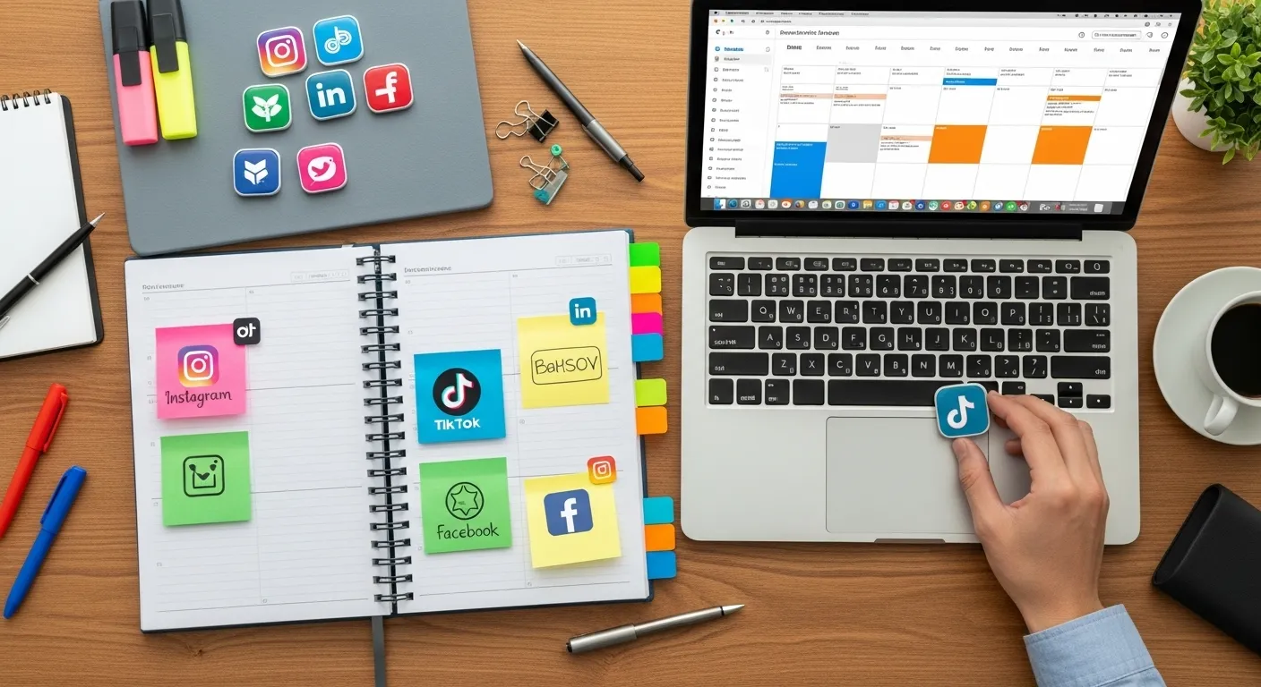 Planner filled with color coded social media sticky notes beside a laptop calendar