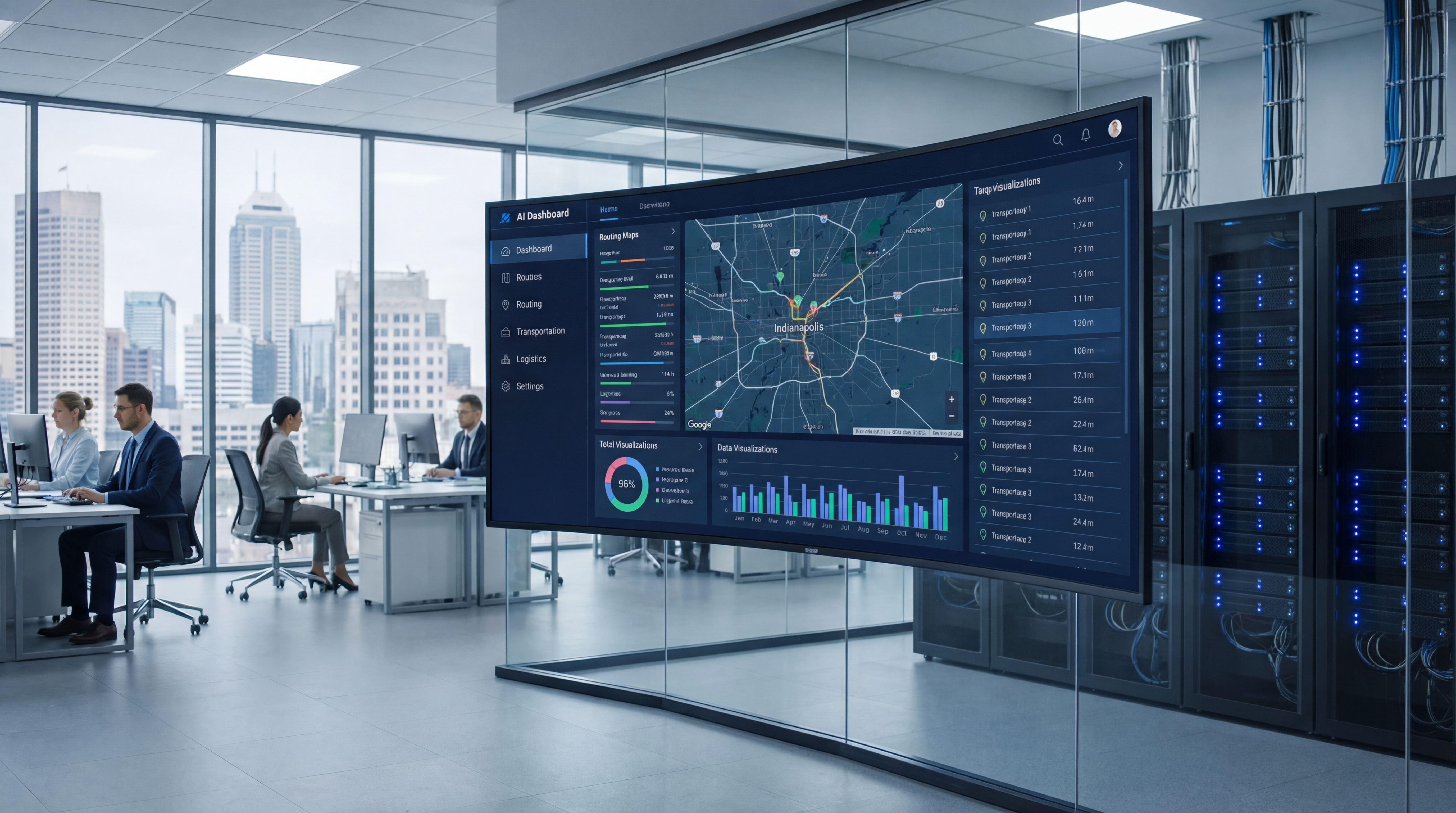 3PL operations team reviewing transportation routing optimization dashboards in Indianapolis