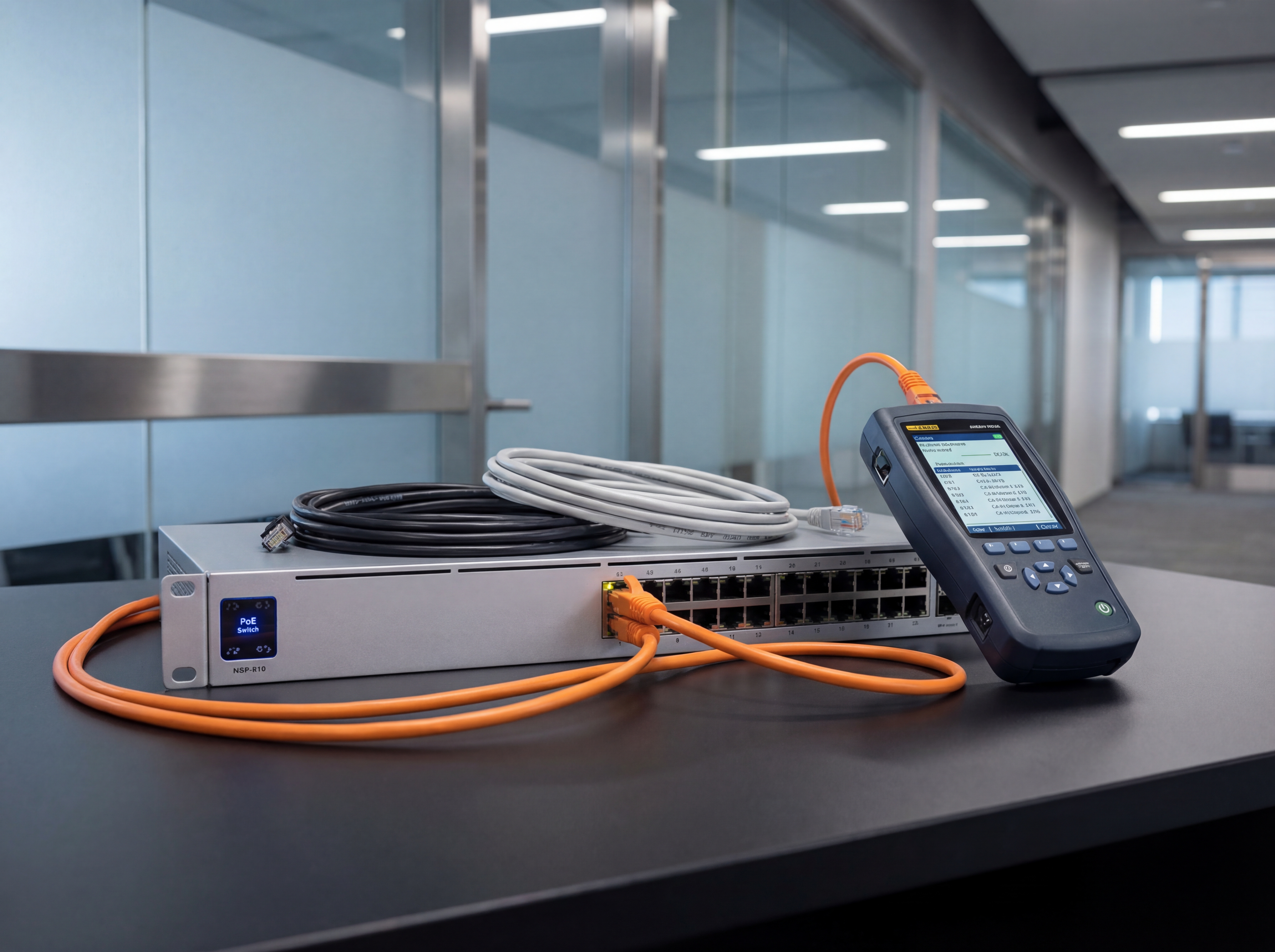 Technician testing a PoE switch with patch cables