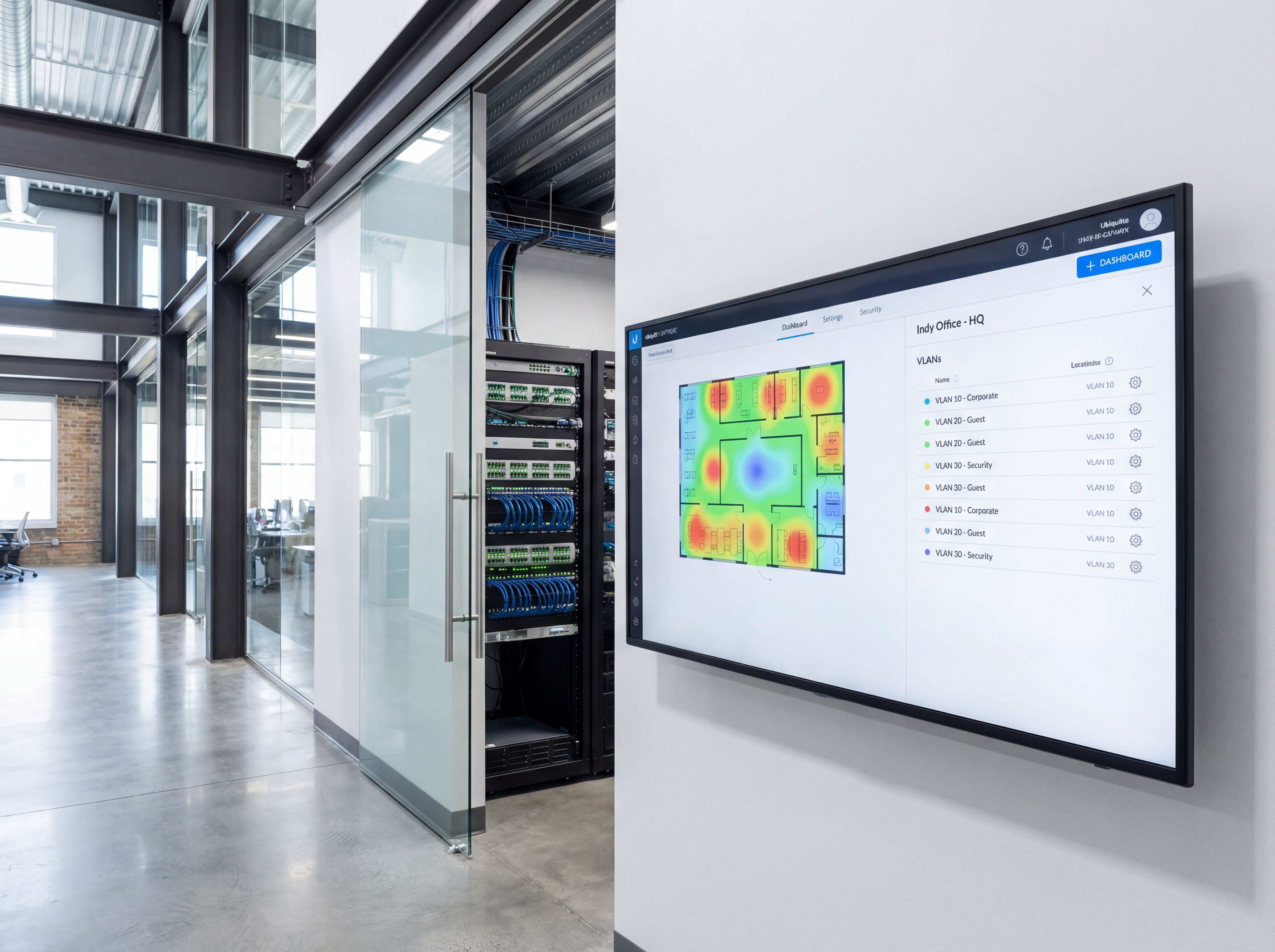 Ubiquiti controller dashboard showing Indiana floorplan heatmaps