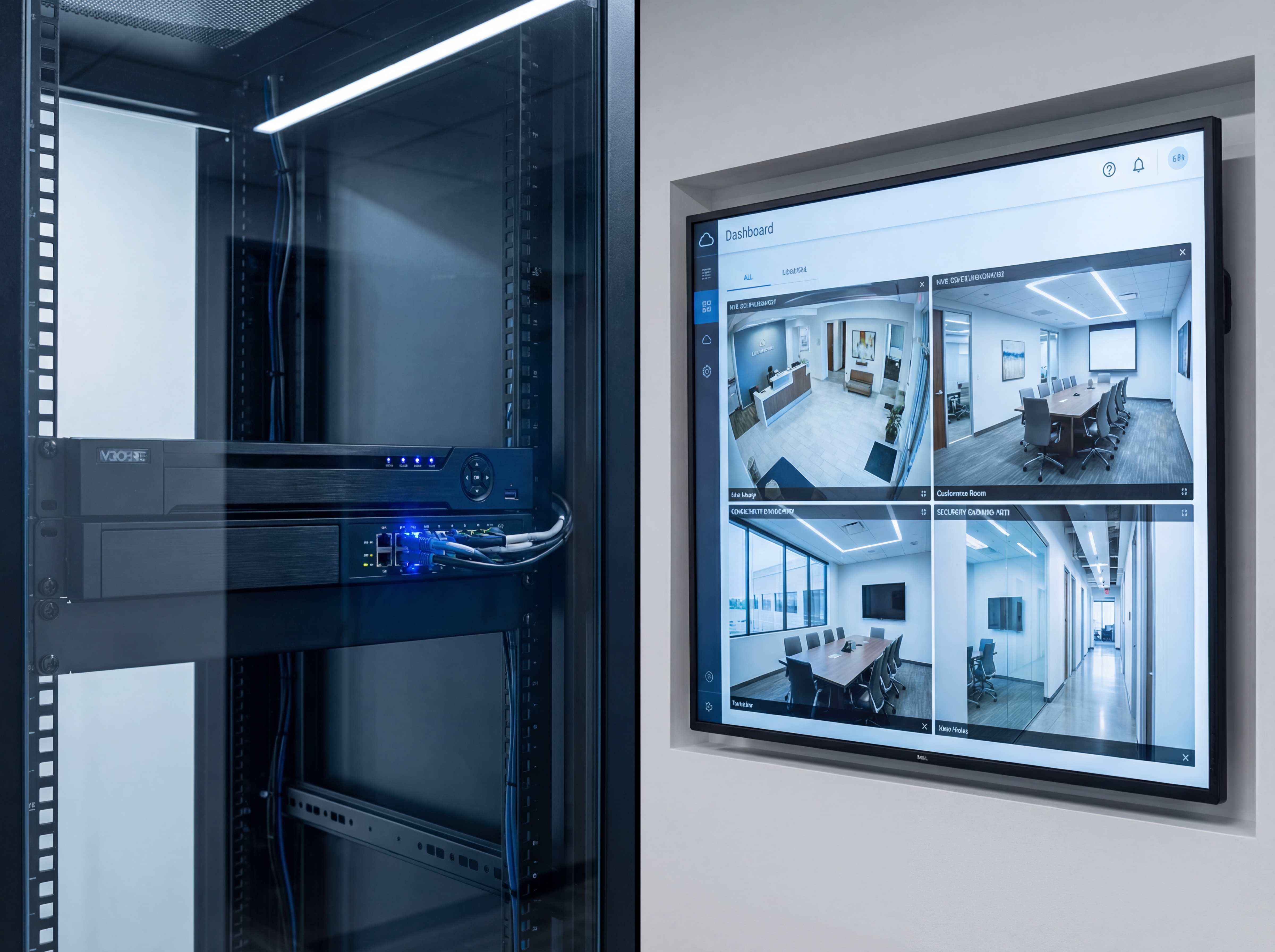 Split view of an NVR and a cloud footage dashboard
