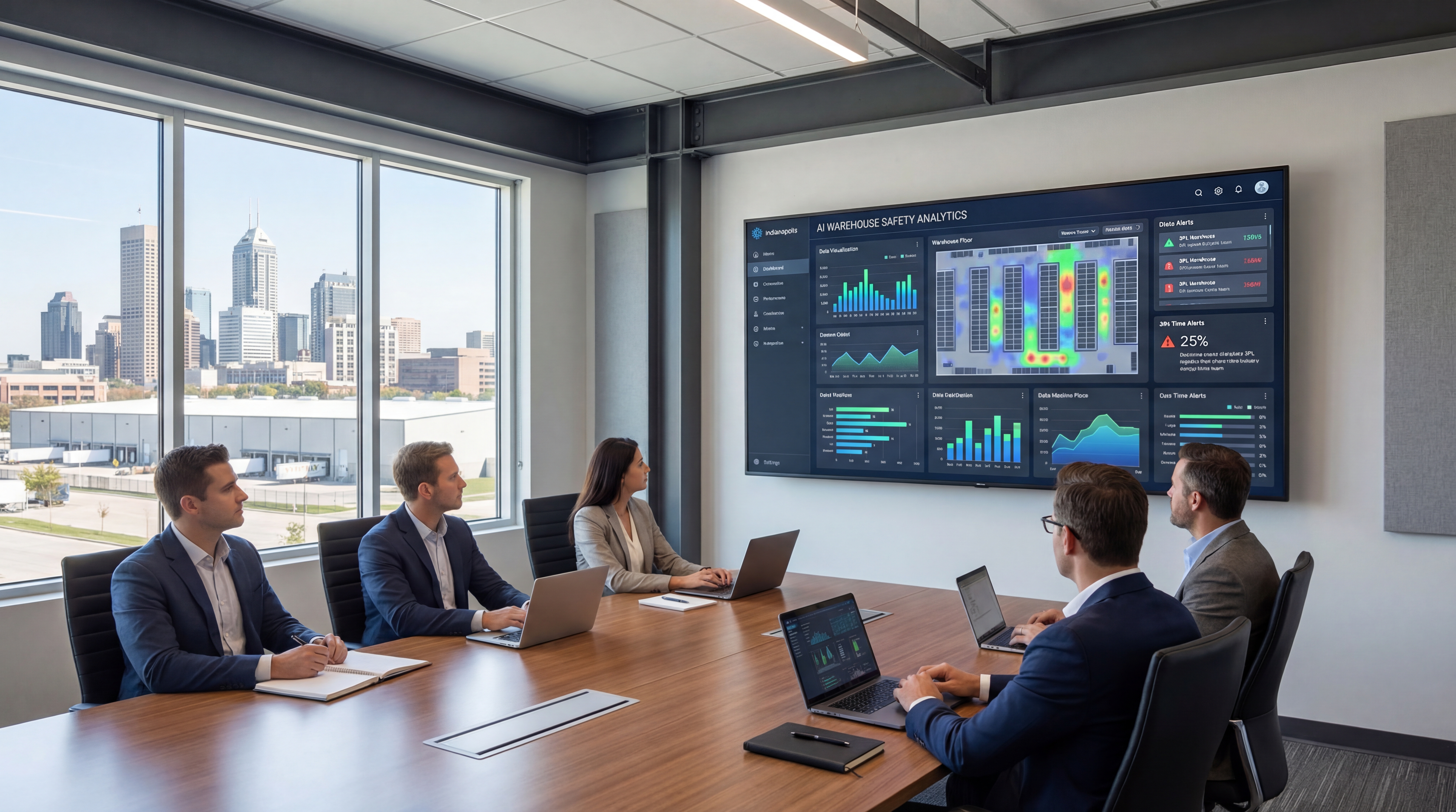 3PL operations team reviewing warehouse safety analytics dashboards in Indianapolis