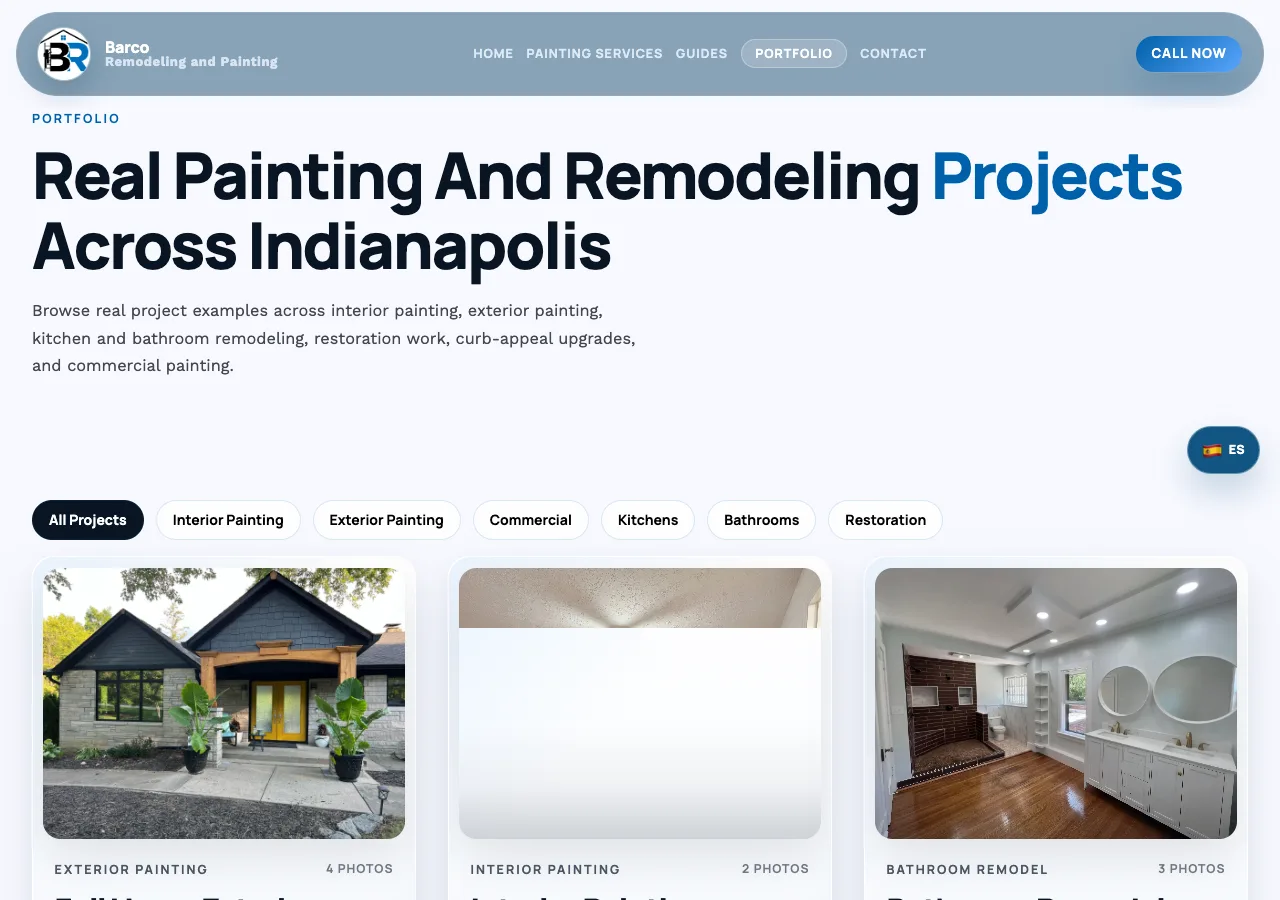 Portafolio de Barco Remodeling con categorías de pintura y remodelación