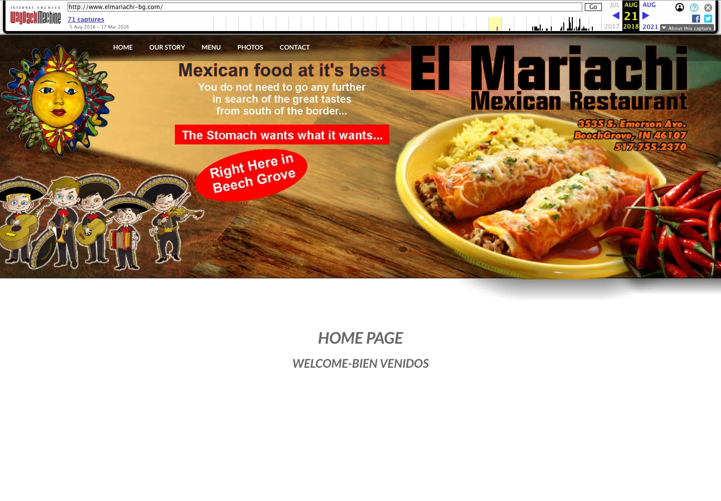 Archived El Mariachi homepage from August 2018 with a large promotional graphic