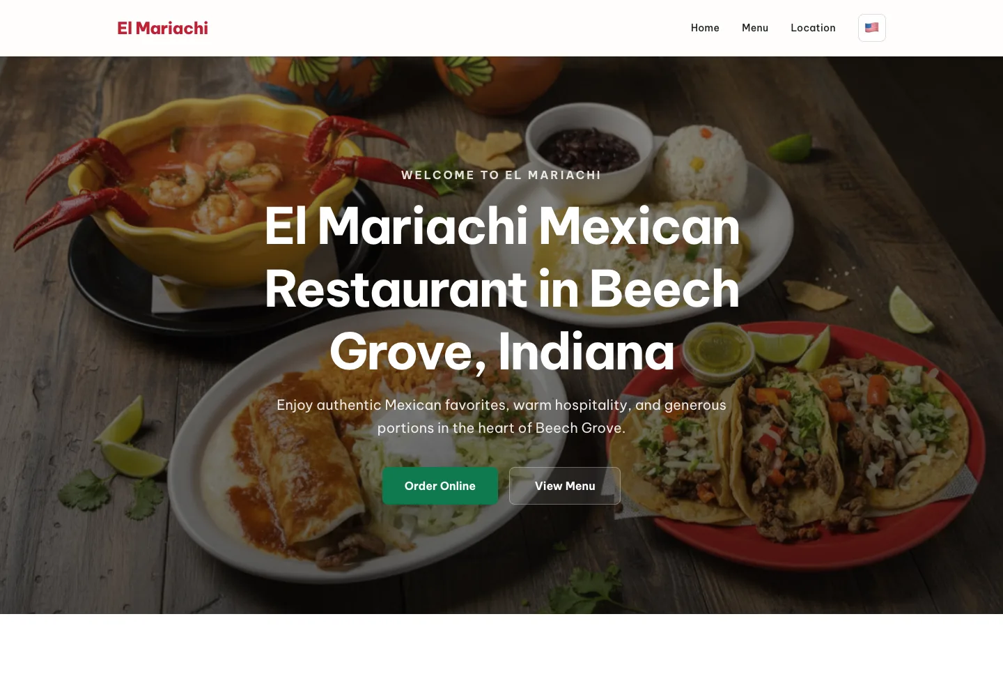 Current El Mariachi homepage with menu and ordering actions