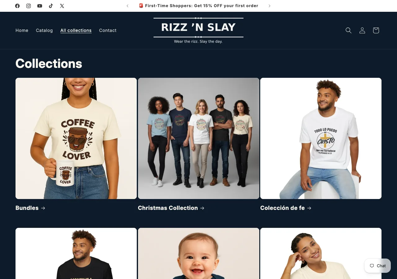 Rizz N Slay collection page with apparel categories and product photography