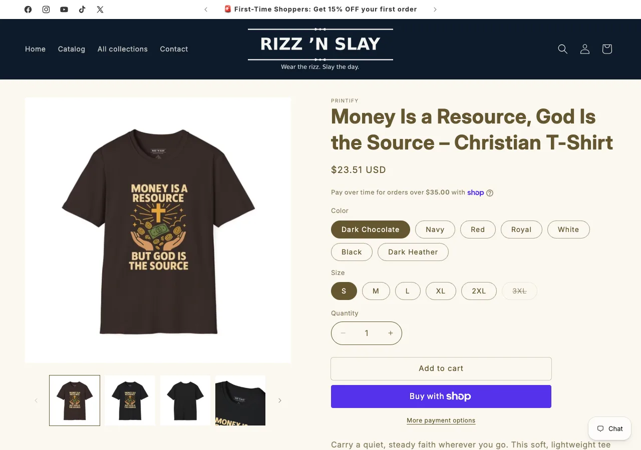 Rizz N Slay product page with shirt images, colors, sizes, quantity, and purchase actions