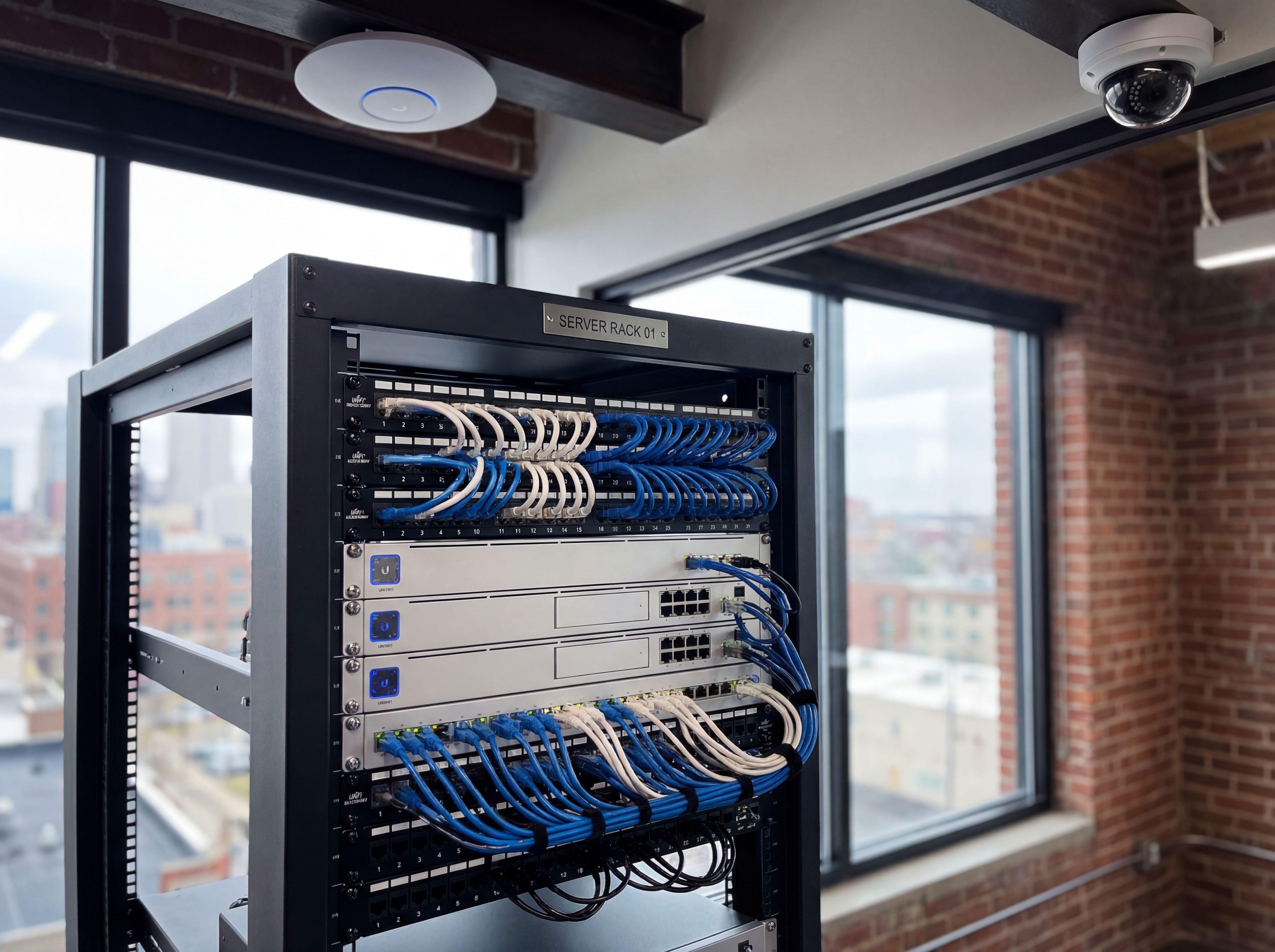 Network rack with Ubiquiti switches serving an Indianapolis office