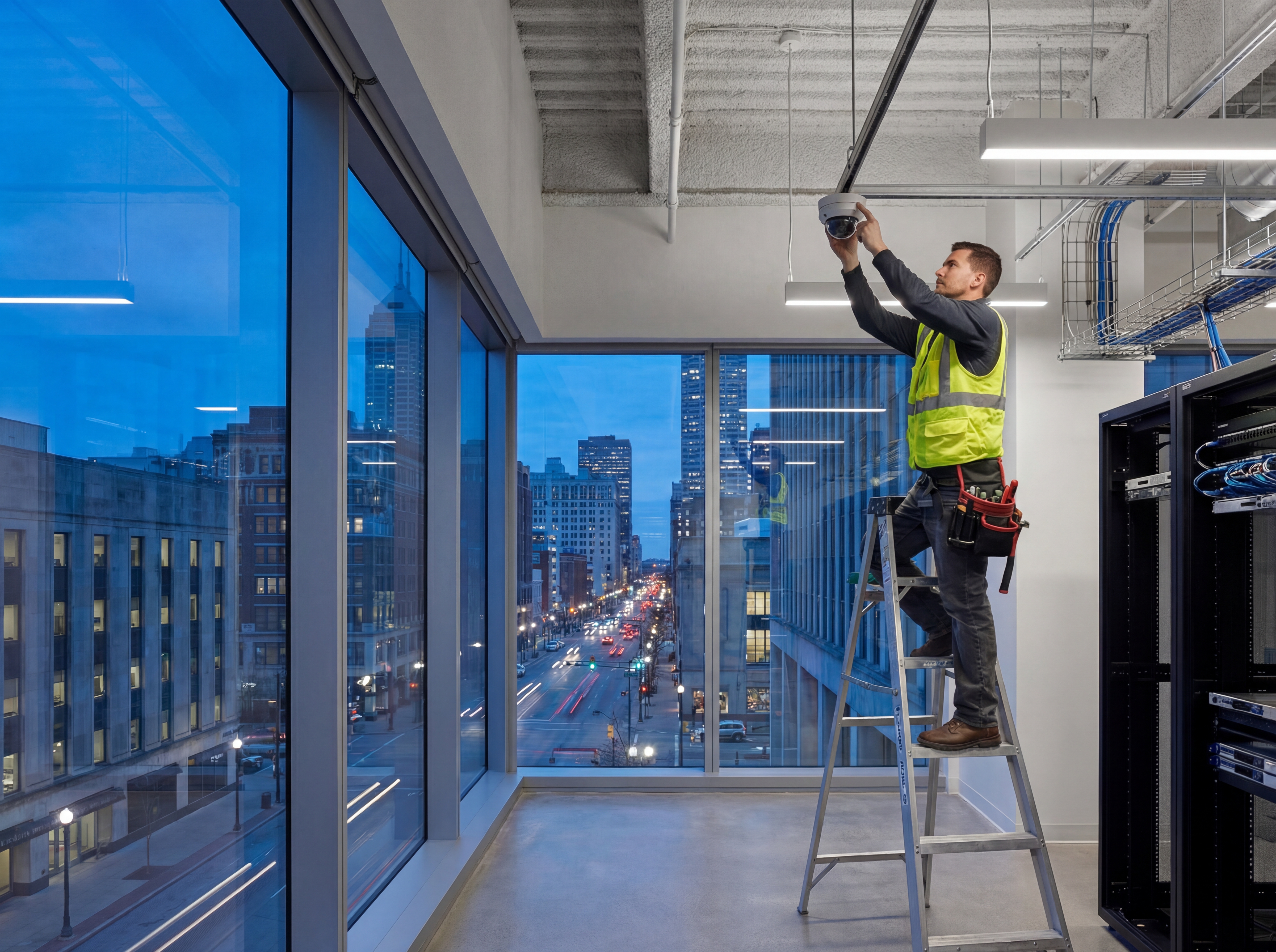 Indianapolis technician mounting a security camera with downtown skyline in background