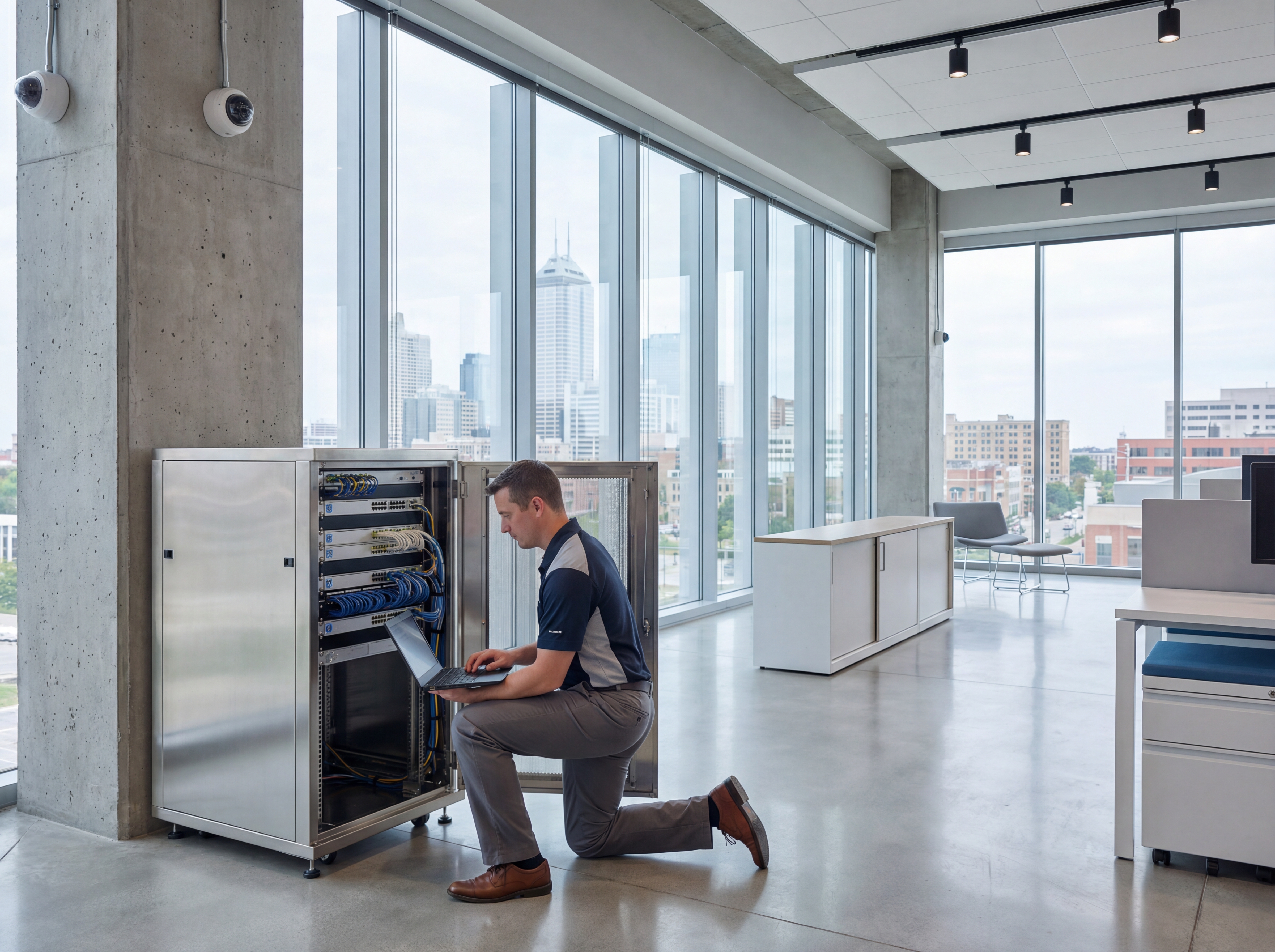Technician configuring security cameras and a network rack in Indianapolis